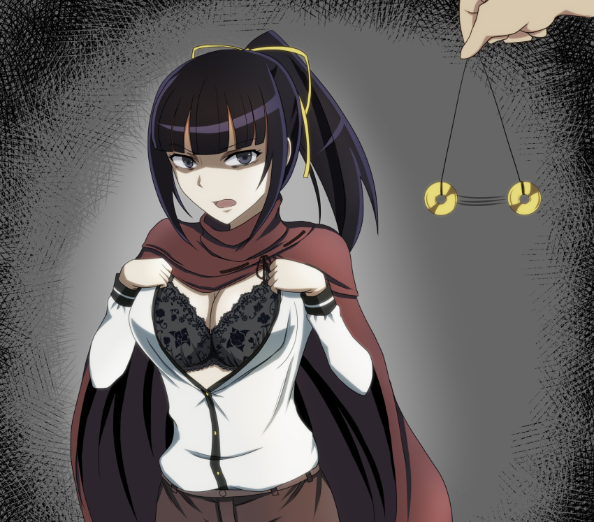 bangs black_bra black_eyes black_hair blunt_bangs bra breasts brown_cape buttons cape cleavage coin hair_ribbon highres hypnosis large_breasts long_sleeves looking_at_viewer mind_control narberal_gamma nurasan68 open_mouth overlord_(maruyama) pendulum ponytail ribbon shaded_face shirt simple_background solo textless underwear undressing white_shirt yellow_ribbon yen