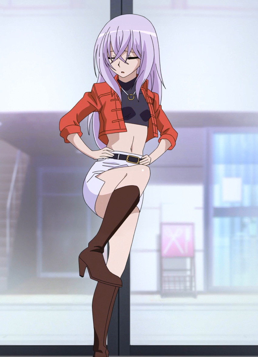 belt boots cardfight!!_vanguard cropped_jacket eyes_closed hand_on_hip high_heel_boots high_heels jewelry legs long_hair long_legs midriff miniskirt necklace one_leg_up pencil_skirt screencap skirt stitched tagme third-party_edit tokura_misaki white_hair