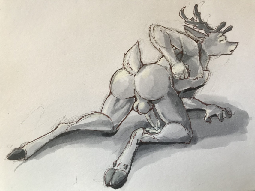 2018 aleron all_fours antlers balls cervine cum eyes_closed hooves horn male mammal nude penis raised_tail sketch solo