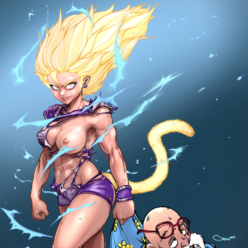 1girl abs aura bald blonde_hair breasts broken_eyewear character_request clenched_hands dark_nipples darren_geers dragon_ball dragon_ball_super earrings electricity fang floating_hair highres jewelry lips long_hair looking_at_viewer medium_breasts monkey_tail muscle muscular_female muten_roushi navel nipples old_man one_breast_out red-framed_eyewear red_eyes serious solo_focus spiked_hair super_saiyan tail torn_unitard unitard wristband