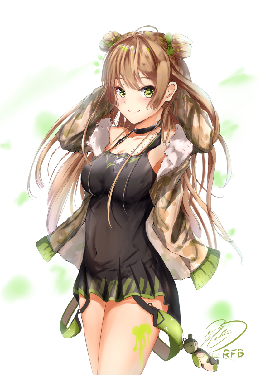 absurdres ahoge bangs bare_shoulders black_dress blush bow breasts brown_hair camouflage_jacket character_name choker cleavage collarbone commentary_request cowboy_shot dated dog_tags double_bun dress eyebrows_visible_through_hair fingerless_gloves fur-trimmed_jacket fur_trim girls_frontline gloves green_eyes hair_bow hand_behind_head highres jacket jewelry long_hair looking_at_viewer medium_breasts necklace off_shoulder paint_splatter rfb_(girls_frontline) short_dress signature sleeveless sleeveless_dress smile solo stuffed_animal stuffed_toy teddy_bear teratsuki thighs