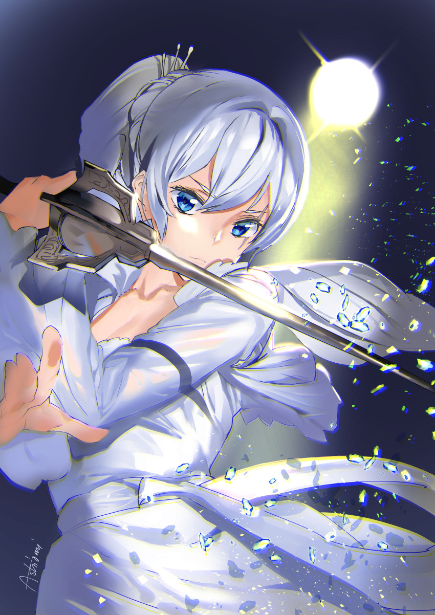 absurdres ashiomi_masato blue_eyes breasts cleavage closed_mouth collarbone commentary_request crossed_arms debris dress eyebrows_visible_through_hair fighting_stance highres holding holding_sword holding_weapon left-handed long_hair long_sleeves looking_at_viewer myrtenaster ponytail rapier rwby scar scar_across_eye signature sword weapon weiss_schnee white_dress