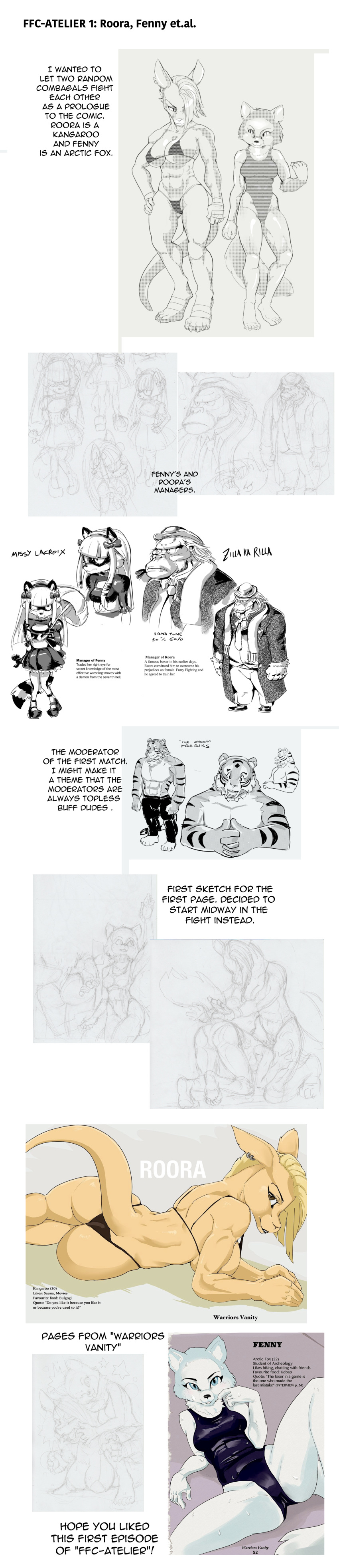 anthro arctic_fox bikini breasts canine clothing daigaijin english_text eye_patch eyewear female female/female fenny_(furryfight_chronicles) fox furryfight_chronicles greyscale hi_res kangaroo male mammal marsupial missy_lacroix monochrome nipple_bulge one-piece_swimsuit roora smile swimsuit text the_chump_freriks tongue tongue_out zilla_ka_rilla