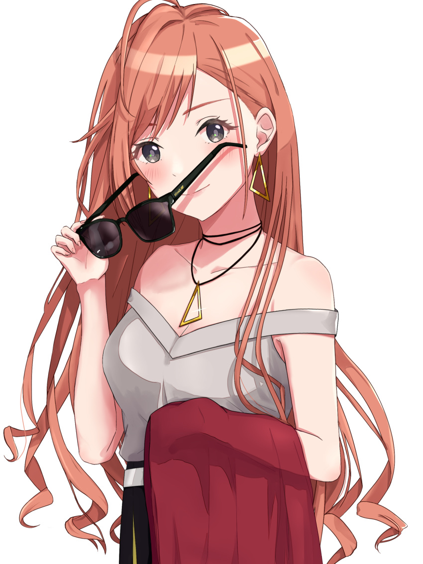 absurdres arisugawa_natsuha bare_shoulders black_eyes black_skirt blush collarbone curly_hair earrings highres holding holding_jacket huang_jus idolmaster idolmaster_shiny_colors jacket jewelry long_hair looking_at_viewer necklace off-shoulder_shirt red_hair red_jacket removing_eyewear shirt simple_background skirt sleeveless sleeveless_shirt smile solo sunglasses white_background white_shirt
