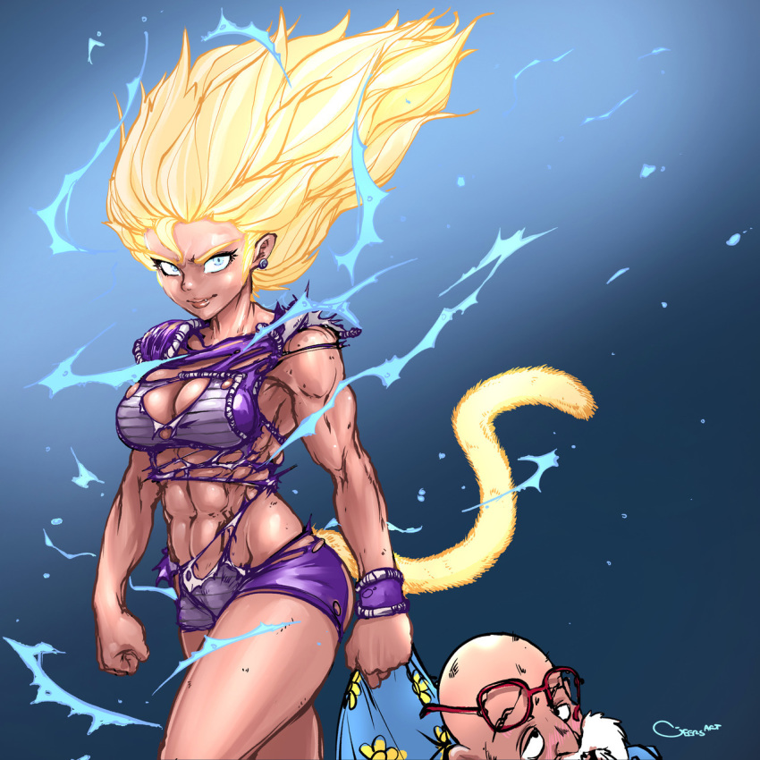 1girl abs aura bald beard blonde_hair breasts broken_eyewear character_request cleavage clenched_hands darren_geers dragon_ball dragon_ball_super earrings electricity facial_hair fang floating_hair glasses highres jewelry lips long_hair looking_at_viewer medium_breasts monkey_tail muscle muscular_female muten_roushi old_man red-framed_eyewear solo_focus spiked_hair super_saiyan tail torn_clothes torn_unitard unconscious unitard wristband