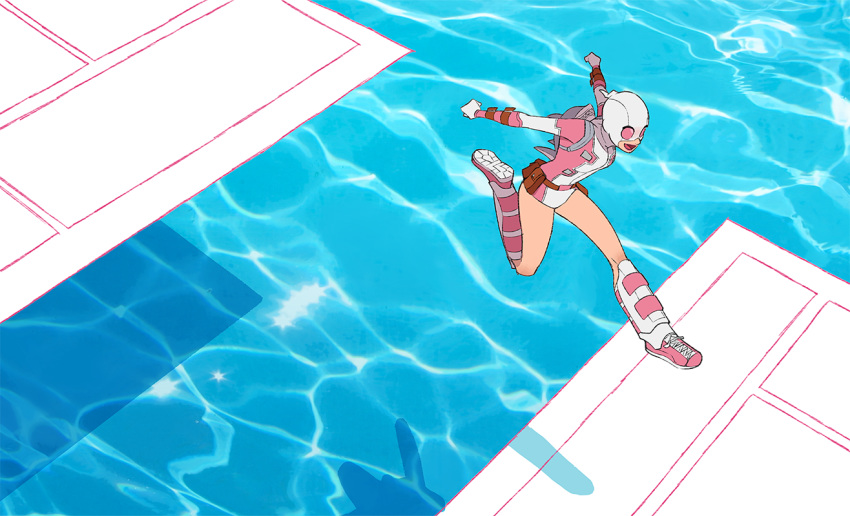 commentary english_commentary gurihiru gwen_poole gwenpool jumping leotard marvel mask pages pink_footwear pool shin_guards shoes smile sneakers superhero water