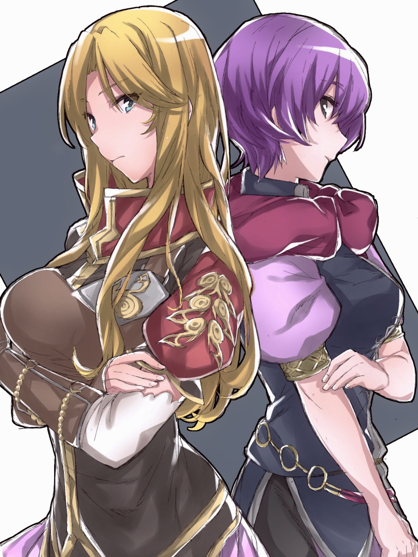 aiueo1234853 back-to-back blonde_hair blue_eyes closed_mouth commentary_request dress elbow_gloves fingerless_gloves fire_emblem fire_emblem:_shin_monshou_no_nazo from_side gloves highres katarina_(fire_emblem) kuraine long_hair multiple_girls purple_hair red_scarf scarf short_hair short_sleeves