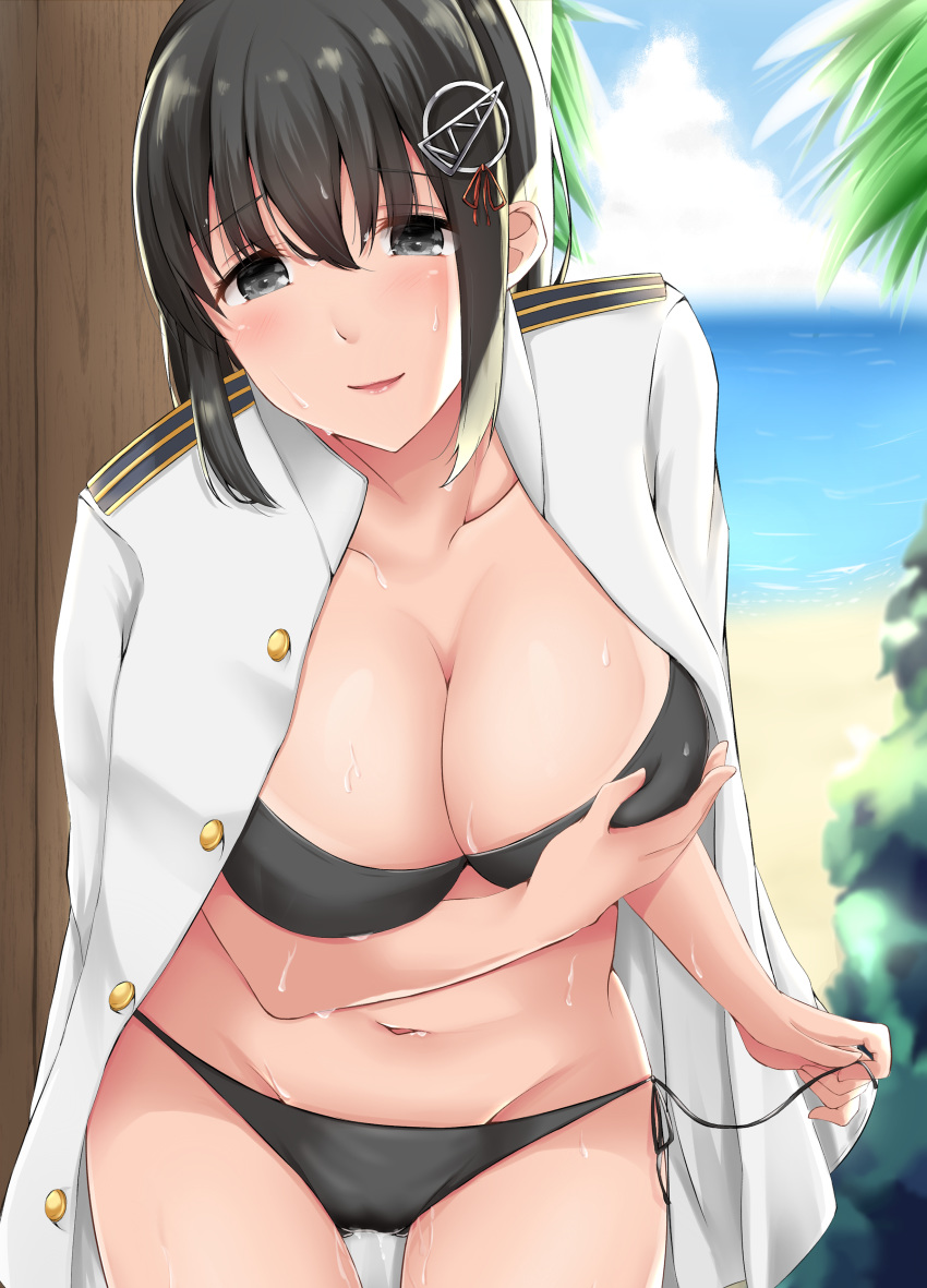 absurdres arm_under_breasts beach bikini black_bikini black_eyes black_hair blush breast_hold breasts day epaulettes haguro_(kantai_collection) highres jacket_on_shoulders kantai_collection large_breasts long_sleeves looking_at_viewer military military_jacket military_uniform naval_uniform navel ocean open_mouth palm_tree sidelocks solo swimsuit tree uniform water wet wet_clothes yoshiwoka