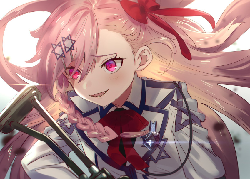 badge bangs blush bow braid breasts collared_jacket commentary_request eyebrows_visible_through_hair floating_hair girls_frontline gloves gun hair_between_eyes hair_bow hair_ornament hair_ribbon hairclip hexagram highres holding holding_gun holding_weapon imi_negev israel jacket long_hair machine_gun medium_breasts neckerchief negev_(girls_frontline) one_side_up open_mouth pink_hair red_bow red_eyes red_neckwear ribbon sidelocks simple_background skirt smile solo star_of_david weapon white_skirt wind yomosaka