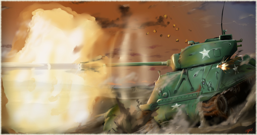 artist_name caterpillar_tracks commentary_request day desert ground_vehicle gun highres m4_sherman machine_gun military military_vehicle motor_vehicle no_humans rock signature star sunset tank weapon world_of_tanks