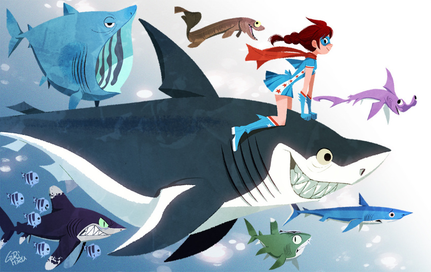 ahoge black_eyes blue_dress blue_footwear blue_gloves boots braid domino_mask dress eel fish from_side gloves gurihiru knee_boots long_hair mask md5_mismatch orange_scarf original profile red_hair riding scarf shark sharp_teeth short_dress single_braid smile solo star teeth