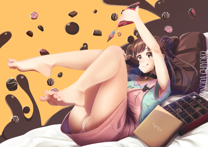 :q arm_up armpit_peek ass bangs bare_legs barefoot blush box box_of_chocolates brown_hair brown_pillow candy casino_(casinoep) cellphone cellphone_camera cellphone_charm character_name chocolate choker closed_mouth double_bun eating eyebrows_visible_through_hair feet food food_themed_pillow heart_pendant highres holding holding_cellphone holding_phone idolmaster idolmaster_shiny_colors jewelry legs_up licking_lips long_hair looking_at_viewer lying on_back orange_background outstretched_arm overalls panties pantyshot pantyshot_(lying) pendant phone pillow popsicle pov_feet reaching_out self_shot shirt short_sleeves simple_background skirt smartphone smartphone_case smile soles solo sonoda_chiyoko source_request suspenders taking_picture toes tongue tongue_out twintails underwear white_panties