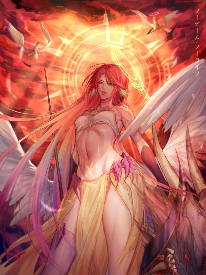 absurdres angel_wings blonde_hair breasts calligraphy_brush_(medium) colored_pencil_(medium) commentary copyright_name crop_top feathered_wings gloves gradient_hair green_hair halo highres holding holding_weapon jibril_(no_game_no_life) long_hair low_wings magic_circle medium_breasts mismatched_legwear multicolored multicolored_hair multiple_girls navel no_game_no_life open_mouth pink_hair scythe short_hair sougyo stomach tattoo teeth traditional_media very_long_hair weapon white_wings wing_ears wings yellow_eyes