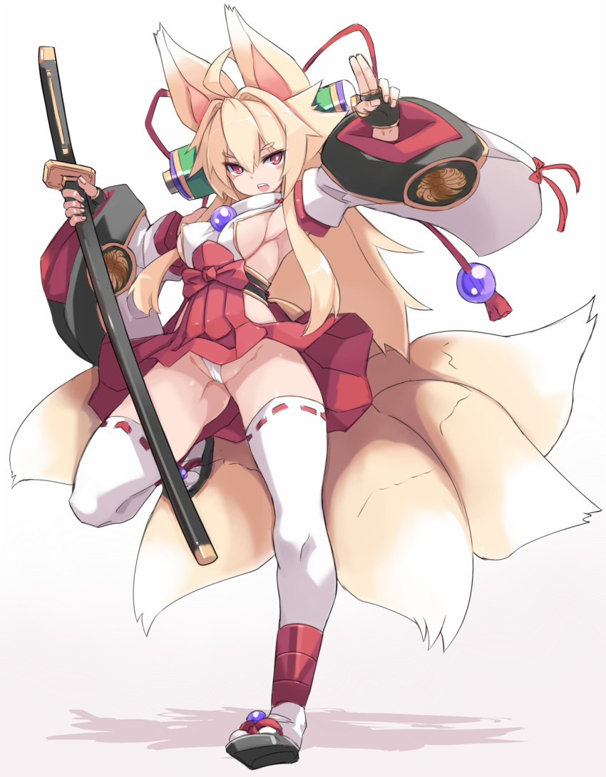 ahoge animal_ears areola_slip areolae armpits ass_visible_through_thighs bangs bare_shoulders blonde_hair blush breasts cameltoe commentary_request detached_sleeves eyebrows_visible_through_hair fingerless_gloves fingernails fox_ears fox_tail full_body gloves gradient gradient_background groin hair_between_eyes highres holding holding_sword holding_weapon izuna_(shinrabanshou) karukan_(monjya) large_breasts leotard long_hair multiple_tails no_panties open_mouth red_eyes ribbon-trimmed_legwear ribbon_trim sandals shinrabanshou sideboob simple_background solo standing standing_on_one_leg sword tabi tail thighhighs turtleneck weapon white_legwear white_leotard