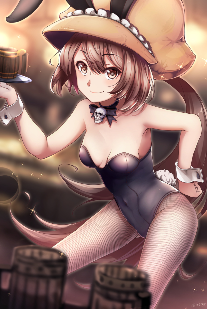 animal_ears black_leotard black_ribbon blurry blurry_background blurry_foreground breasts brown_eyes brown_hair brown_hat bunny_ears bunny_tail bunnysuit choker cleavage eyebrows_visible_through_hair fake_animal_ears fishnet_pantyhose fishnets floating_hair guilty_gear hair_between_eyes hand_on_hip hat highres holding leotard long_hair may_(guilty_gear) otsumami_(otsu-mugi) pantyhose ponytail ribbon ribbon_choker shiny shiny_hair skull small_breasts smile solo sparkle strapless strapless_leotard tail very_long_hair wrist_cuffs