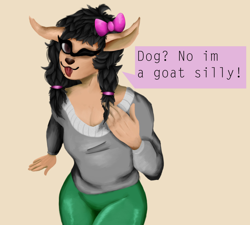 5_fingers anthro beauty_mark bow breasts caprine cleavage clothed clothing coffeewithdicks collarbone dialogue english_text eyelashes female front_view fully_clothed goat hair_ornaments hi_res long_ears looking_at_viewer mammal miss-zi-zi one_eye_closed pants solo sweater text tongue tongue_out twintails_(disambiguation) wink youtuber