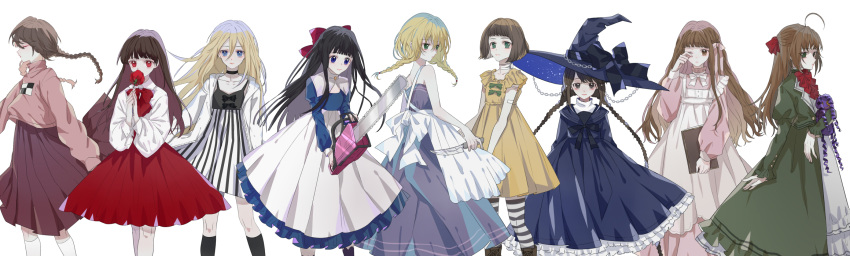 adapted_costume ahoge aya_drevis bandaid_on_arm black_choker black_dress black_hat black_legwear black_skirt blonde_hair blue_dress blue_eyes book bow braid brown_eyes brown_hair bury chainsaw choker closed_eyes coco_(bury) dress elisabeth_faust fausts_alptraum flower fran_bow fran_bow_dagenhart gloves green_bow green_dress hair_bow hand_up hat highres holding holding_book holding_flower holding_knife ib ib_(ib) kneehighs knife long_hair looking_at_viewer mad_father madotsuki majo_no_ie multiple_girls oounabara_to_wadanohara pantyhose pink_ribbon rachel_gardner red_bow red_eyes red_neckwear red_skirt ribbon satsuriku_no_tenshi short_hair skirt striped striped_legwear trait_connection twin_braids twintails vertical_stripes vertigowitch viola_(majo_no_ie) wadanohara white_bow white_dress white_legwear white_skirt witch_hat yellow_dress yume_nikki