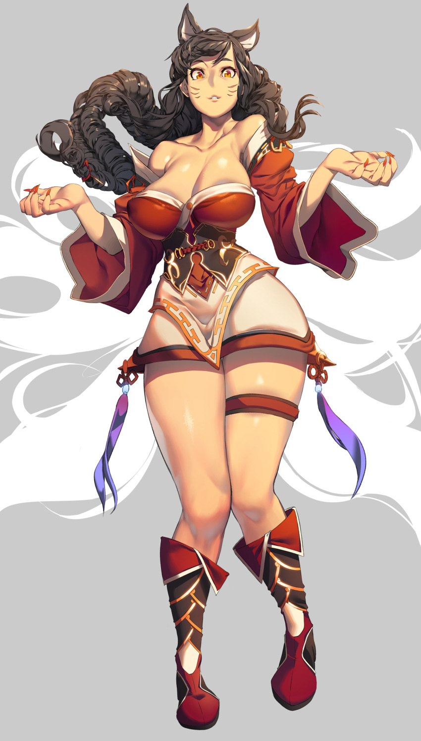 absurdres ahri animal_ears bare_shoulders black_hair boots braid breasts cleavage collarbone eureka_brider fox_ears fox_tail full_body highres korean_clothes large_breasts league_of_legends long_sleeves looking_at_viewer off_shoulder parted_lips solo tail whisker_markings wide_sleeves yellow_eyes