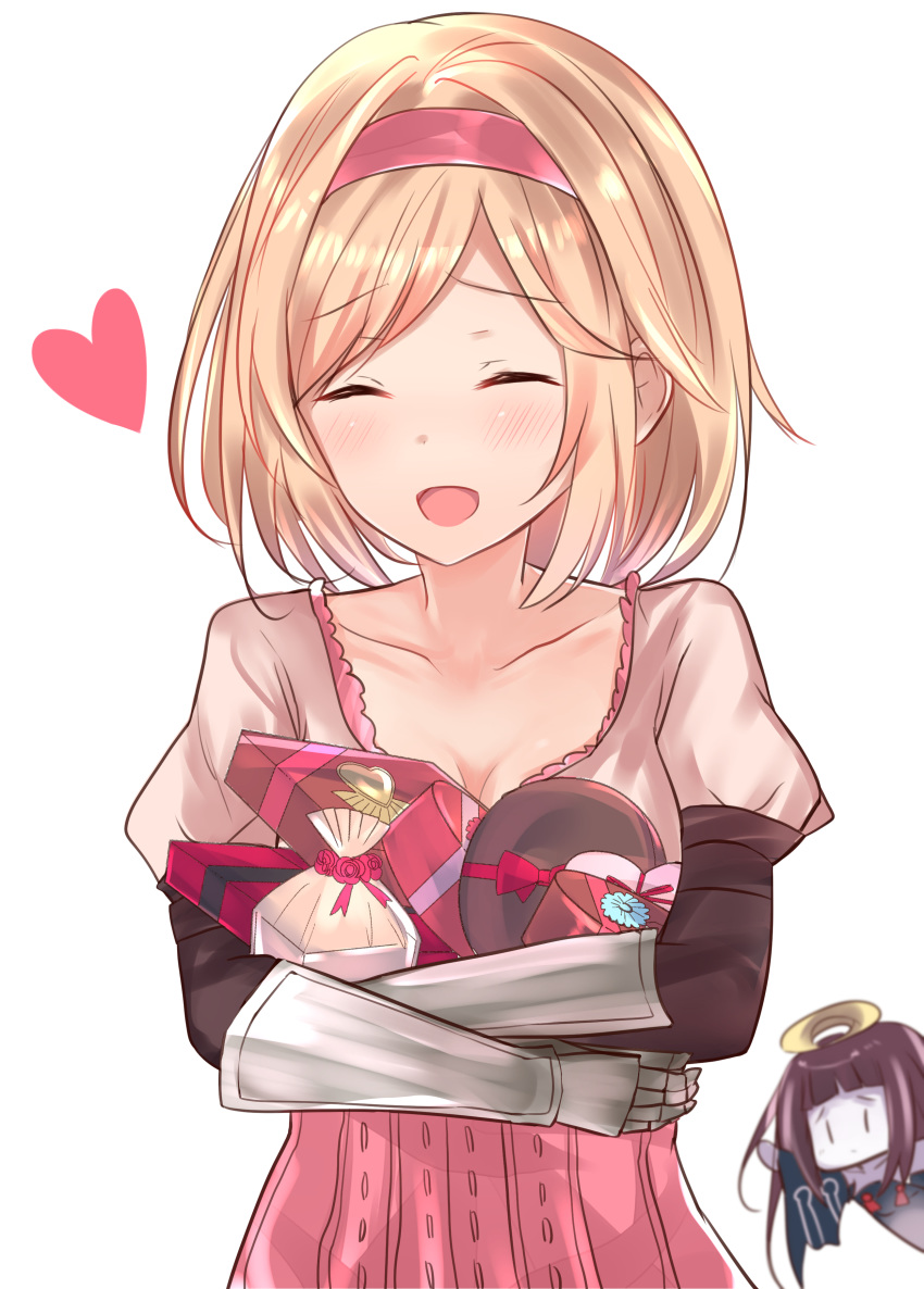 2girls :d absurdres bangs black_robe blonde_hair blush box brown_hair brown_shirt character_request collarbone commentary_request djeeta_(granblue_fantasy) eyebrows_visible_through_hair eyes_closed facing_viewer gauntlets gift gift_box granblue_fantasy hairband halo highres long_hair long_sleeves multiple_girls natsu_(sinker8c) object_hug open_mouth pale_skin pink_hairband pink_skirt puffy_short_sleeves puffy_sleeves shirt short_over_long_sleeves short_sleeves simple_background skirt smile solo_focus swept_bangs valentine white_background wide_sleeves