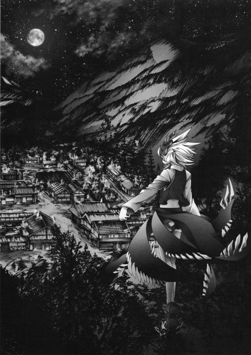 alternate_costume arikanrobo cloud comic doujinshi fire forest greyscale highres monochrome moon mountain nature night night_sky rumia sky standing star_(sky) starry_sky touhou tree village wind