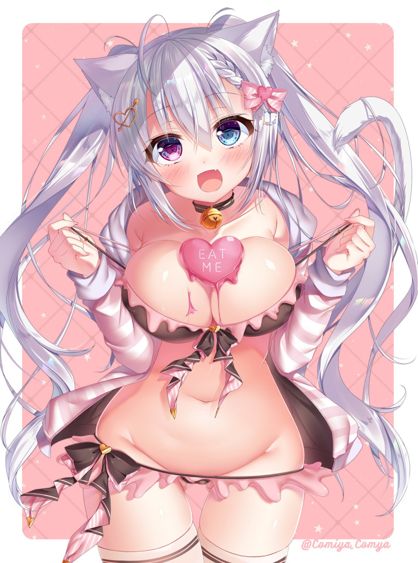 1girl :d ahoge animal_ear_fluff animal_ears ass_visible_through_thighs bare_shoulders bell blue_eyes blush bow bra breasts brown_bra brown_panties cat_ears cat_girl cat_tail chocolate chocolate_heart choker cleavage collarbone commentary_request cowboy_shot dripping eat_me fang front-tie_top groin hair_between_eyes hair_bow hair_ornament hands_up heart heart_hair_ornament heterochromia highres jacket jingle_bell komiya_hitoma large_breasts long_hair long_sleeves looking_at_viewer navel open_clothes open_jacket open_mouth original panties pink_bow pink_eyes pink_jacket side-tie_panties sidelocks silver_hair smile solo standing stomach strap_pull striped_jacket tail thigh_gap thighhighs twitter_username underwear valentine very_long_hair white_legwear