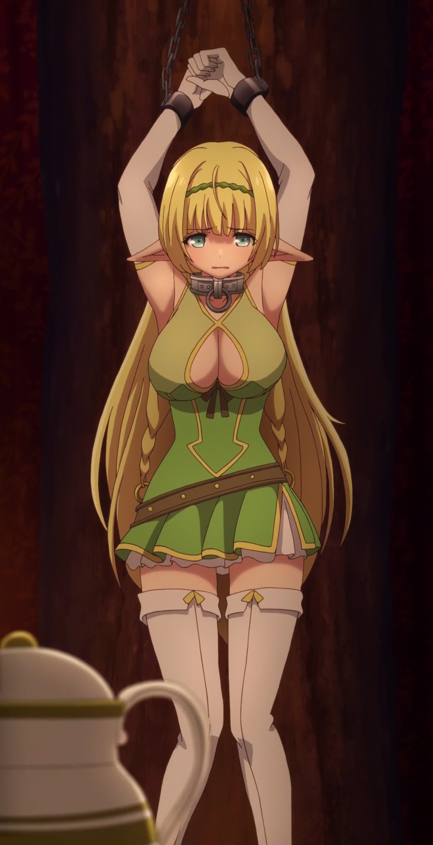 absurdres aqua_eyes blonde_hair boots breasts cleavage ears_down elf highres isekai_maou_to_shoukan_shoujo_dorei_majutsu long_hair pleated_skirt pointy_ears screencap shera_l_greenwood skirt solo stitched thigh_boots thighhighs third-party_edit