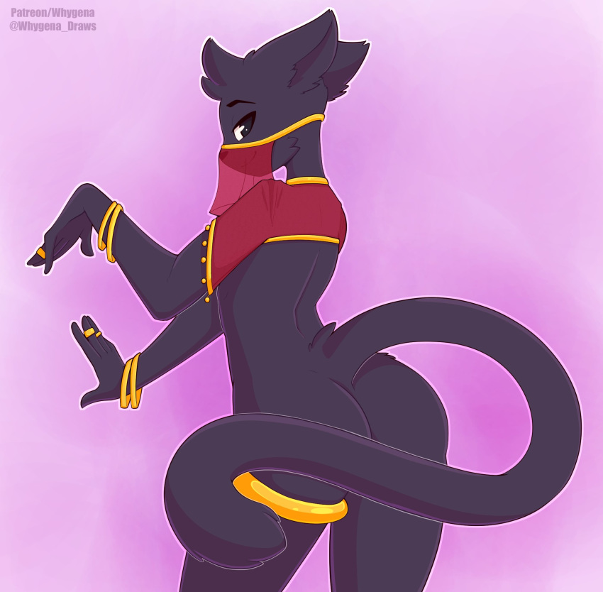 2018 5_fingers ambiguous_gender anthro bedroom_eyes big_butt biped black_eyes black_fur black_panther black_tail bottomless bracelet butt cheek_tuft clothed clothing convenient_censorship crop_top digital_drawing_(artwork) digital_media_(artwork) ears_back feline fur girly gold_(metal) gold_jewelry half-closed_eyes harem harem_outfit head_tuft hi_res humanoid_hands jewelry leglet long_tail looking_back mammal outline panther portrait pose presenting presenting_hindquarters ptekai purple_background rear_view red_clothing red_topwear ring seductive sheer_clothing shirt simple_background skimpy small_waist smile snout solo standing tail_censorship three-quarter_portrait toony translucent transparent_clothing tuft veil whygena