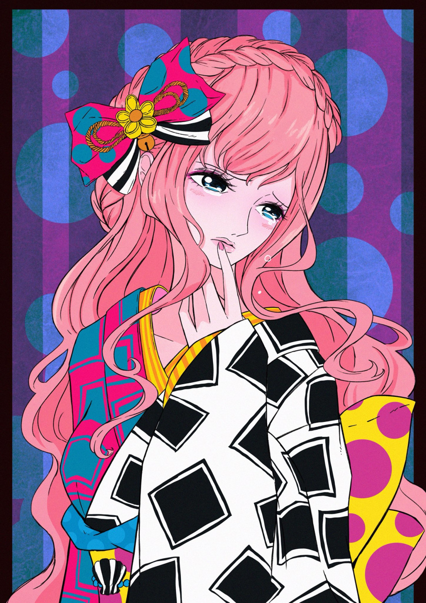 alternate_costume alternate_hairstyle asymmetrical_clothes blue_eyes blush border bow braid breasts eyeshadow finger_to_mouth hair_bow hair_ornament head_tilt highres japanese_clothes kimono long_hair makeup nail_polish obi obi_bow one_piece patterned_clothing pink_hair purple_eyeshadow rebecca_(one_piece) sash sherumaru_(korcht06) solo tearing_up upper_body wide_sleeves