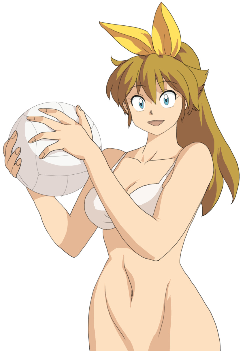 1girl ball bikini blue_eyes bow brown_hair hair_bow m.u.g.e.n navel open_mouth original ponytail ribbon ryuuko_(oggy) smile swimsuit tagme transparent_background volley_ball white_bikini