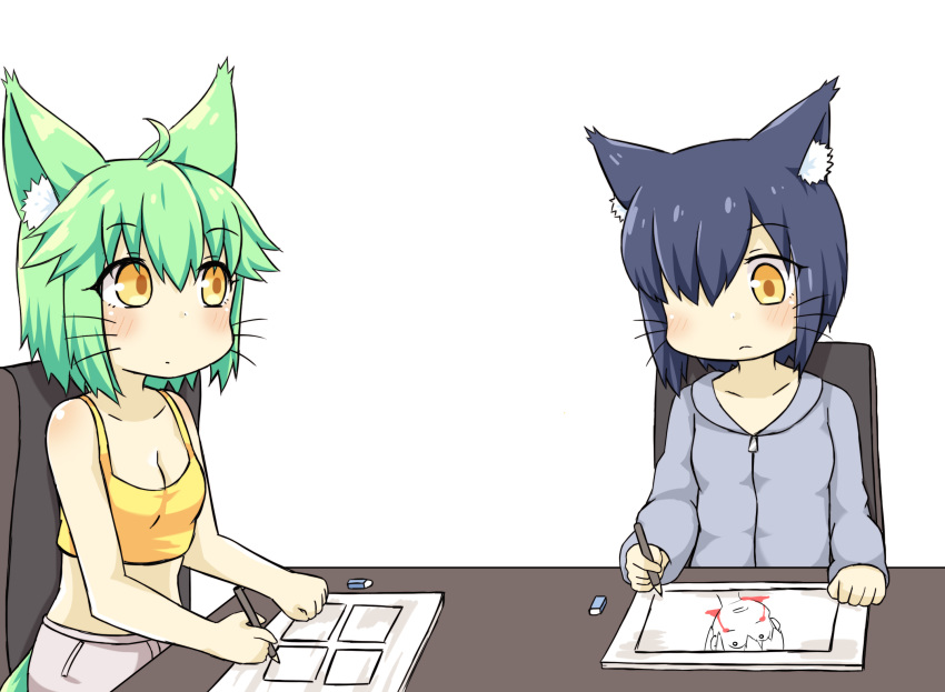 ahoge animal_ear_fluff animal_ears bangs bare_arms bare_shoulders blood bloody_tears blue_hair blush breasts brown_eyes camisole cat_ears chain cleavage closed_mouth collarbone commentary crop_top english_commentary eraser eyebrows_visible_through_hair green_hair greenteaneko greenteaneko-chan grey_shorts hair_between_eyes hair_over_one_eye highres holding holding_pen hood hood_down hooded_jacket jacket looking_at_another multiple_girls original pen purple_jacket short_hair shorts sitting small_breasts table tail whiskers yellow_camisole