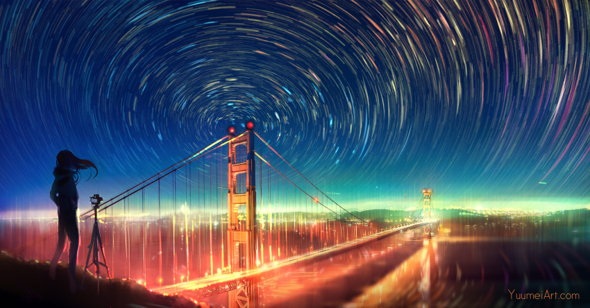 bridge camera city_lights commentary facing_away floating_hair from_behind golden_gate_bridge hands_in_pockets highres long_hair motion_blur night night_sky original outdoors photo-referenced river san_francisco sky solo standing star star_(sky) star_trail starry_sky tripod water wenqing_yan wind