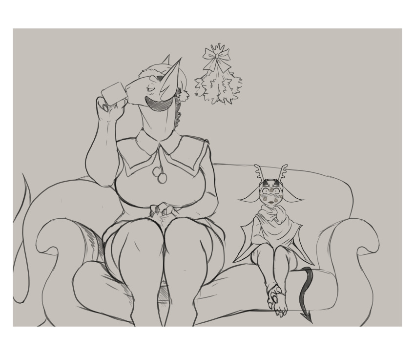 aamon_(james_howard) bat christmas clothing demon hi_res holidays james_howard kissing mammal mistletoe ornament pants_bulge plant sketch sofa tina_(james_howard)