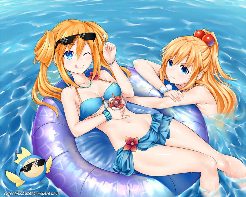 ;q bikini bikini_skirt blue_bikini blue_eyes blush bracelet breasts cleavage collarbone commentary day deal_with_it double_bun fang food frown groin hair_between_eyes highres holding holding_food holding_spoon ice_cream innertube jewelry long_hair looking_at_viewer medium_breasts multiple_girls navel necklace neptune_(series) ocean one_eye_closed orange_hair orange_heart outdoors partially_submerged pearl_bracelet pearl_necklace pish ponytail power_symbol sereneandsilent shin_jigen_game_neptune_vii soaking_feet spoon sunglasses swimming swimsuit symbol-shaped_pupils tongue tongue_out twintails umio_(choujigen_game_neptune)