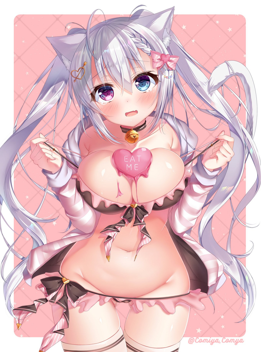 1girl :d ahoge animal_ear_fluff animal_ears ass_visible_through_thighs bare_shoulders bell blue_eyes blush bow bra breasts brown_bra brown_panties cat_ears cat_girl cat_tail chocolate chocolate_heart choker cleavage collarbone commentary_request cowboy_shot dripping eat_me fang front-tie_top groin hair_between_eyes hair_bow hair_ornament hands_up heart heart_hair_ornament heterochromia highres jacket jingle_bell komiya_hitoma large_breasts long_hair long_sleeves looking_at_viewer navel open_clothes open_jacket open_mouth original panties pink_bow pink_eyes pink_jacket side-tie_panties sidelocks silver_hair smile solo standing stomach strap_pull striped_jacket tail tears thigh_gap thighhighs twitter_username underwear valentine very_long_hair white_legwear
