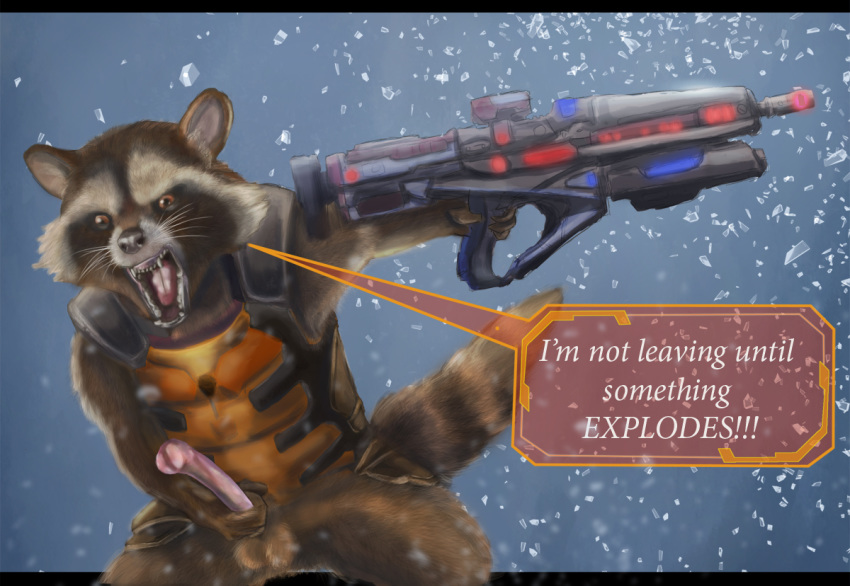 2017 anatomically_correct anatomically_correct_penis animal_genitalia animal_penis anthro balls clothed clothing dialogue digital_media_(artwork) english_text erection fur guardians_of_the_galaxy gun holding_object holding_penis holding_weapon lanx_(artist) male mammal marvel open_mouth penis procyonid raccoon raccoon_penis ranged_weapon rifle ringtail rocket_raccoon simple_background snow solo speech_bubble standing teeth text tongue vest weapon whiskers