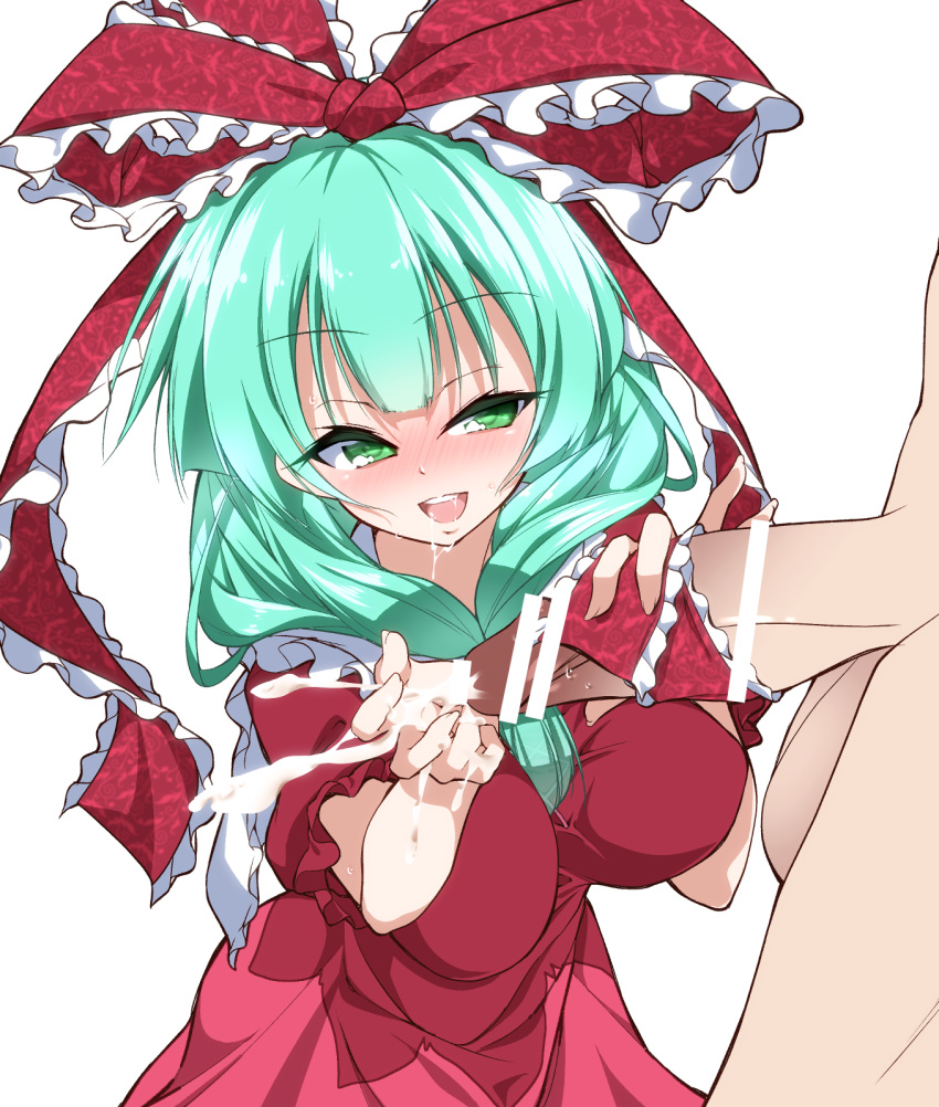 1girl bar_censor blush censored cum dress ejaculation front_ponytail green_eyes green_hair hachi_(chihagura) hair_ribbon handjob hetero highres kagiyama_hina open_mouth penis red_dress ribbon simple_background touhou white_background