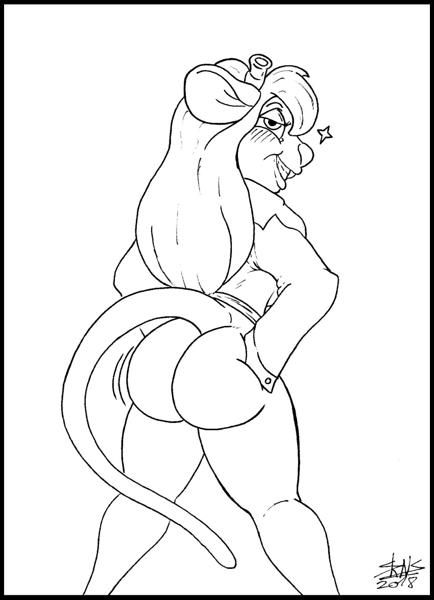 big_butt black_and_white blush bottomless bubble_bugg butt chip_'n_dale_rescue_rangers clothed clothing disney eyewear female gadget_hackwrench goggles jacket line_art looking_at_viewer mammal monochrome mouse rodent skianous voluptuous