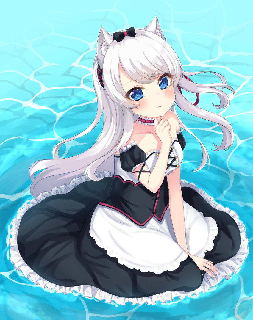 :t absurdres animal_ear_fluff animal_ears apron azur_lane bangs black_bow black_dress blue_eyes blush bow cat_ears closed_mouth commentary_request day detached_sleeves dress eyebrows_visible_through_hair frilled_dress frills hair_bow hair_ribbon hammann_(azur_lane) hand_up highres long_hair looking_at_viewer one_side_up outdoors pout puffy_short_sleeves puffy_sleeves red_ribbon remodel_(azur_lane) ribbon short_sleeves silver_hair sitting solo strapless strapless_dress suzu_(minagi) very_long_hair waist_apron water white_apron