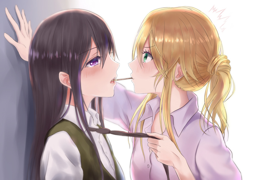 2girls against_wall aihara_mei aihara_yuzu black_hair blonde_hair citrus_(saburouta) eyebrows_visible_through_hair female food green_eyes highres imminent_kiss long_hair multiple_girls necktie necktie_grab neckwear_grab open_mouth pocky pocky_kiss purple_eyes saliva school_uniform shared_food shirt tears user_mnwn3283 white_background yuri