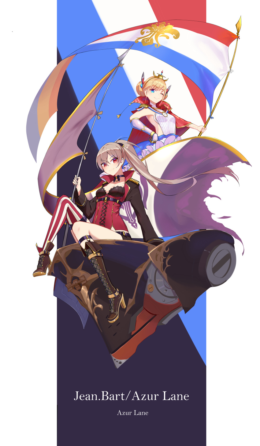 absurdres asymmetrical_footwear asymmetrical_legwear azur_lane blonde_hair blue_eyes boots breasts brown_hair capelet character_name choker commentary_request copyright_name double_bun elbow_gloves flag flagpole fleur_de_lis french_flag gloves high_heel_boots high_heels highres holding holding_flag jean_bart_(azur_lane) le_triomphant_(azur_lane) long_hair looking_at_viewer multiple_girls one_eye_closed red_capelet red_eyes shorts single_elbow_glove single_knee_boot single_thighhigh sitting small_breasts smile thighhighs xiang_cheng_(nido)