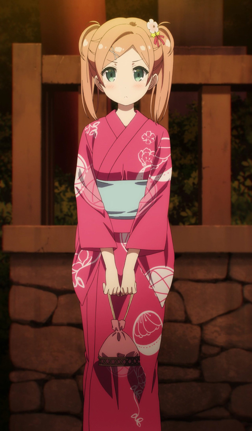 double_bun green_eyes highres japanese_clothes kimono nanahashi_minori one_room orange_hair screencap solo stitched third-party_edit twintails yukata