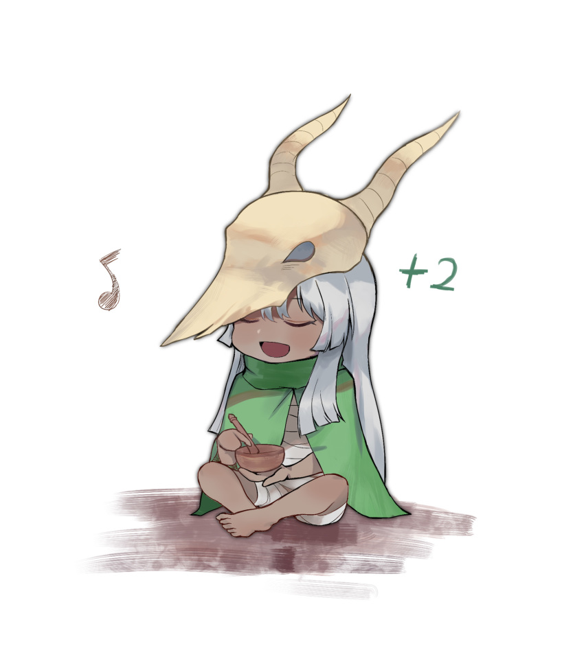 bandages barefoot bowl cape chibi closed_eyes dark_skin eighth_note facing_viewer gameplay_mechanics green_cape highres long_hair musical_note pestle shuiping_anding_mian simple_background sitting skull skull_hat slay_the_spire solo the_silent very_long_hair white_background white_hair