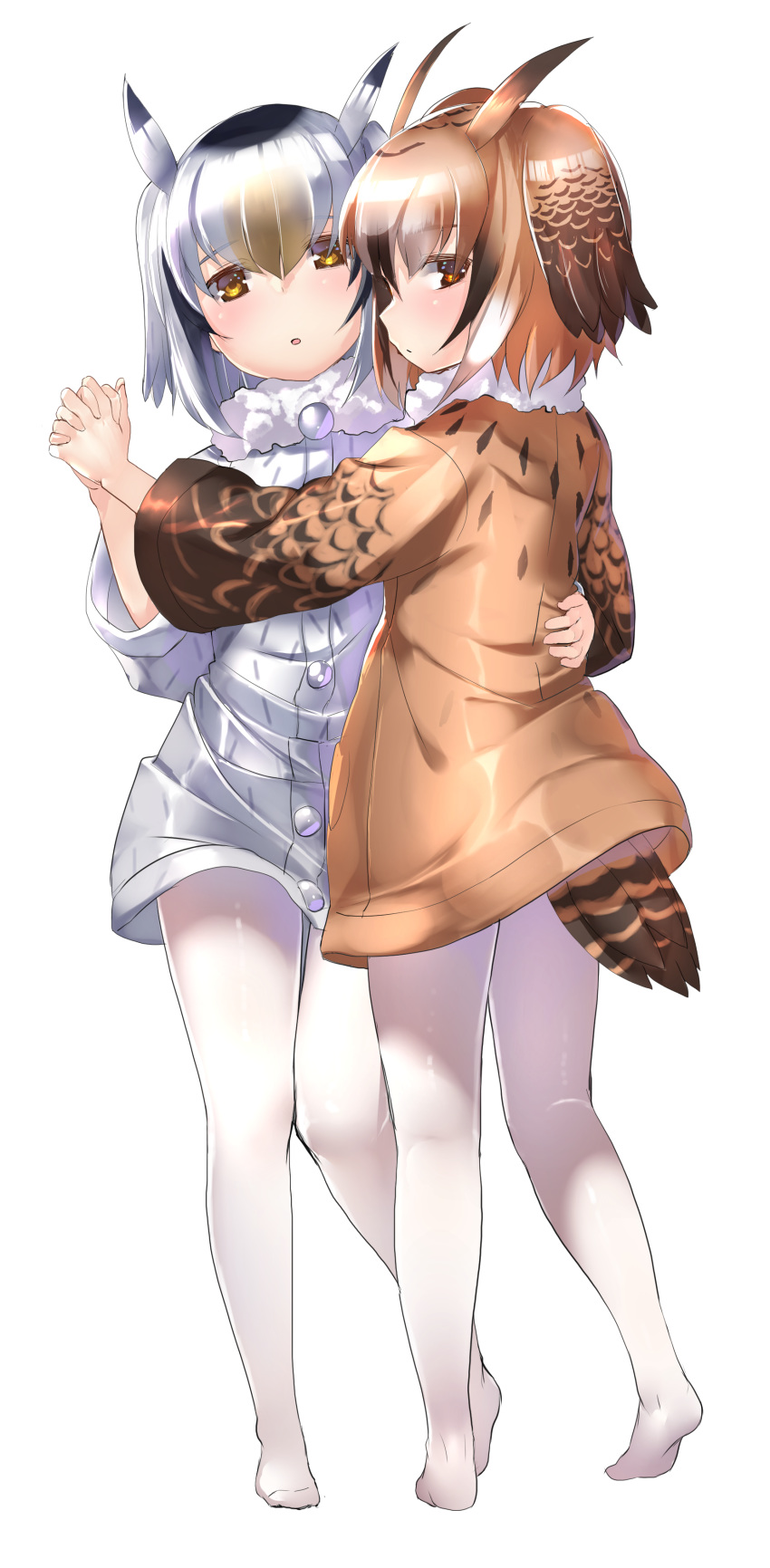 absurdres bird_tail bird_wings black_hair blonde_hair brown_hair coat eurasian_eagle_owl_(kemono_friends) eyebrows_visible_through_hair fur_collar head_wings highres holding_hands kemono_friends long_sleeves multicolored_hair multiple_girls no_shoes northern_white-faced_owl_(kemono_friends) owl_ears pantyhose short_hair tadano_magu white_hair wings yellow_eyes