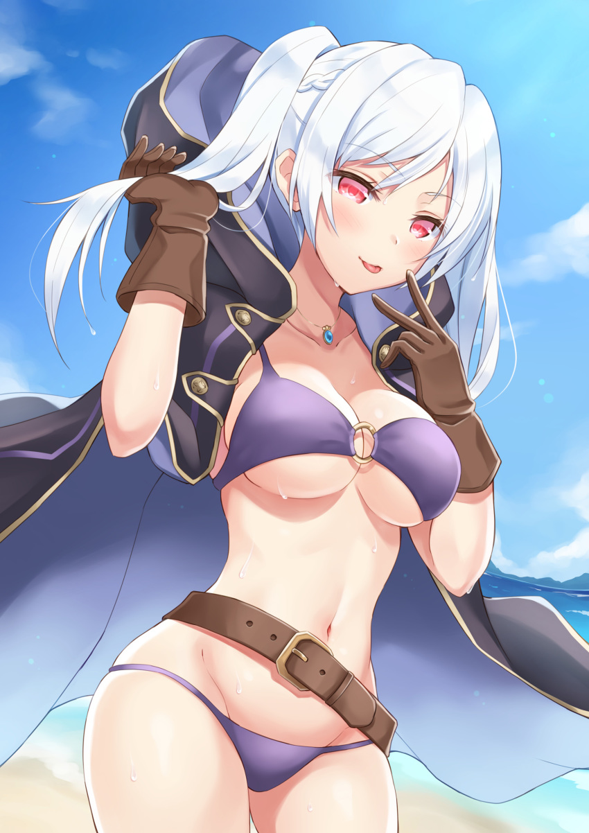 :p absurdres arm_up belt bikini blue_sky blush braid breasts brown_gloves cleavage cloak cloud collarbone commentary_request contrapposto cowboy_shot day eyebrows_visible_through_hair female_my_unit_(fire_emblem:_kakusei) fire_emblem fire_emblem:_kakusei fire_emblem_heroes french_braid gimurei gloves hand_in_hair highres hood hooded_cloak jewelry long_hair looking_at_viewer medium_breasts my_unit_(fire_emblem:_kakusei) navel necklace o-ring o-ring_bikini o-ring_top ocean outdoors pendant purple_bikini red_eyes shiny shiny_hair shiyo_yoyoyo sky smile solo sweat swimsuit thighs tongue tongue_out twintails underboob v white_hair