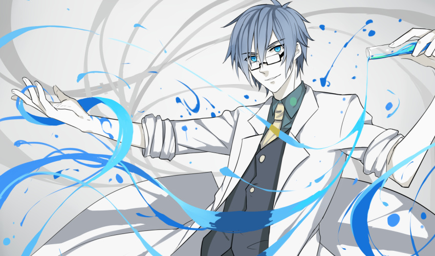 aqua_eyes blue_hair genius_(module) glasses hand_up highres kaito kazenemuri labcoat looking_at_viewer male_focus necktie outstretched_arm project_diva_(series) science smile solo test_tube upper_body vocaloid waistcoat yellow_neckwear