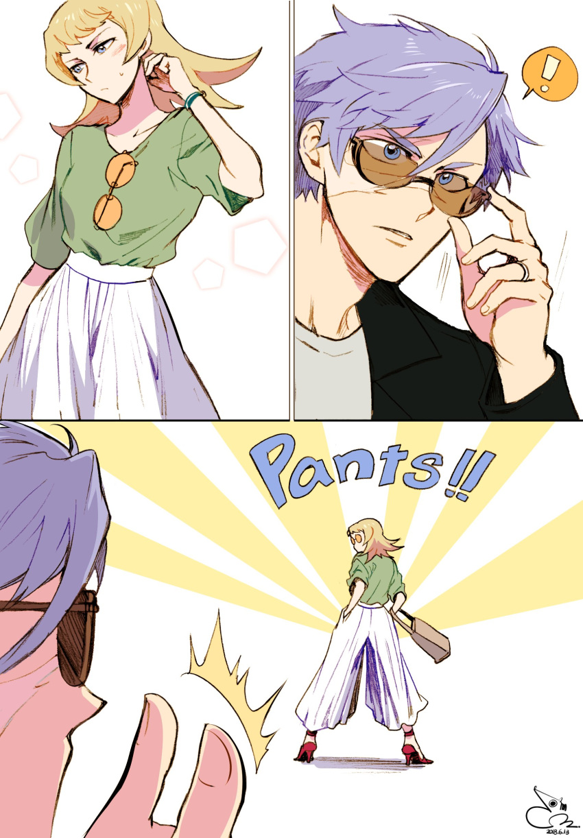 1boy 1girl 302 absurdres bag blonde_hair blue_eyes blue_hair bracelet comic dated double_thumbs_up english eyewear_hang gaelio_bauduin gundam gundam_tekketsu_no_orphans handbag hands_in_pockets high_heels highres jewelry julietta_juris pentagon_(shape) signature spoken_exclamation_mark sunglasses sweatdrop thumbs_up