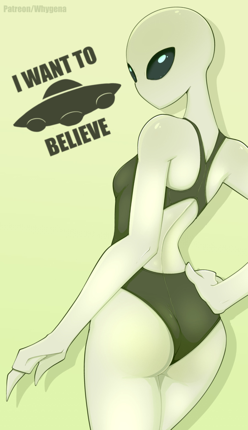 2018 3_fingers alien bald biped black_eyes breasts butt clothing digital_drawing_(artwork) digital_media_(artwork) empty_eyes english_text female grey_alien grey_skin hand_on_hip hi_res humanoid lighting looking_back mouthless no_sclera not_furry one-piece_swimsuit pinup portrait pose rear_view shadow side_boob simple_background small_breasts small_waist solo standing swimsuit tan_background tan_theme text the_x-files three-quarter_portrait toony url whygena