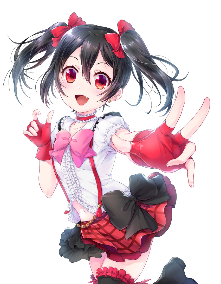 :d absurdres bangs black_hair black_legwear bokura_wa_ima_no_naka_de bow bowtie center_frills choker earrings fang fingerless_gloves frilled_choker frilled_legwear frilled_sleeves frills gloves hair_between_eyes hair_bow hansen114514 highres jewelry leg_up looking_at_viewer love_live! love_live!_school_idol_project miniskirt navel open_mouth pink_bow pink_neckwear puffy_short_sleeves puffy_sleeves red_bow red_choker red_eyes red_gloves shirt short_hair short_sleeves simple_background skirt smile solo suspender_skirt suspenders thighhighs twintails white_background white_shirt yazawa_nico