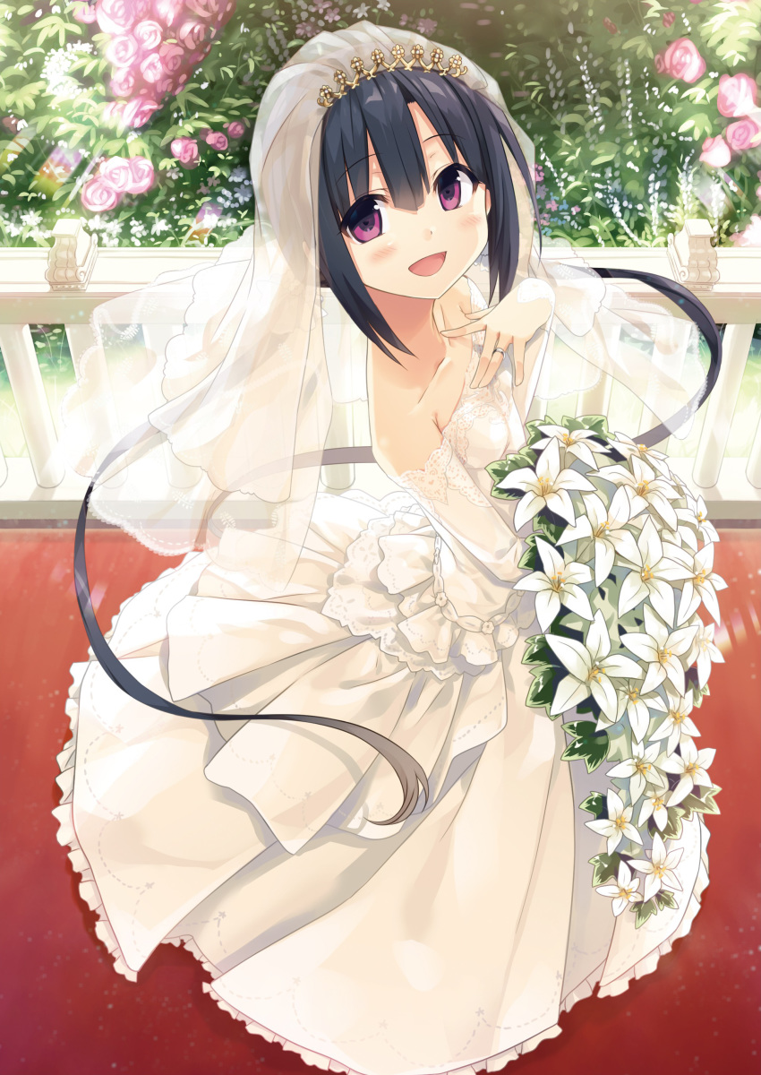 :d absurdres bangs bare_shoulders black_hair blush bouquet breasts bridal_veil bride collarbone cura detached_sleeves dress eyebrows_visible_through_hair flower frilled_dress frills hair_between_eyes hand_on_own_chest hand_up hayase_fukami highres holding holding_bouquet jewelry long_hair long_sleeves looking_at_viewer looking_to_the_side maitetsu open_mouth pink_flower pink_rose pleated_dress purple_eyes railing ring rose see-through sidelocks sleeves_past_wrists small_breasts smile solo standing strapless strapless_dress twintails veil very_long_hair wedding_band wedding_dress white_dress white_flower