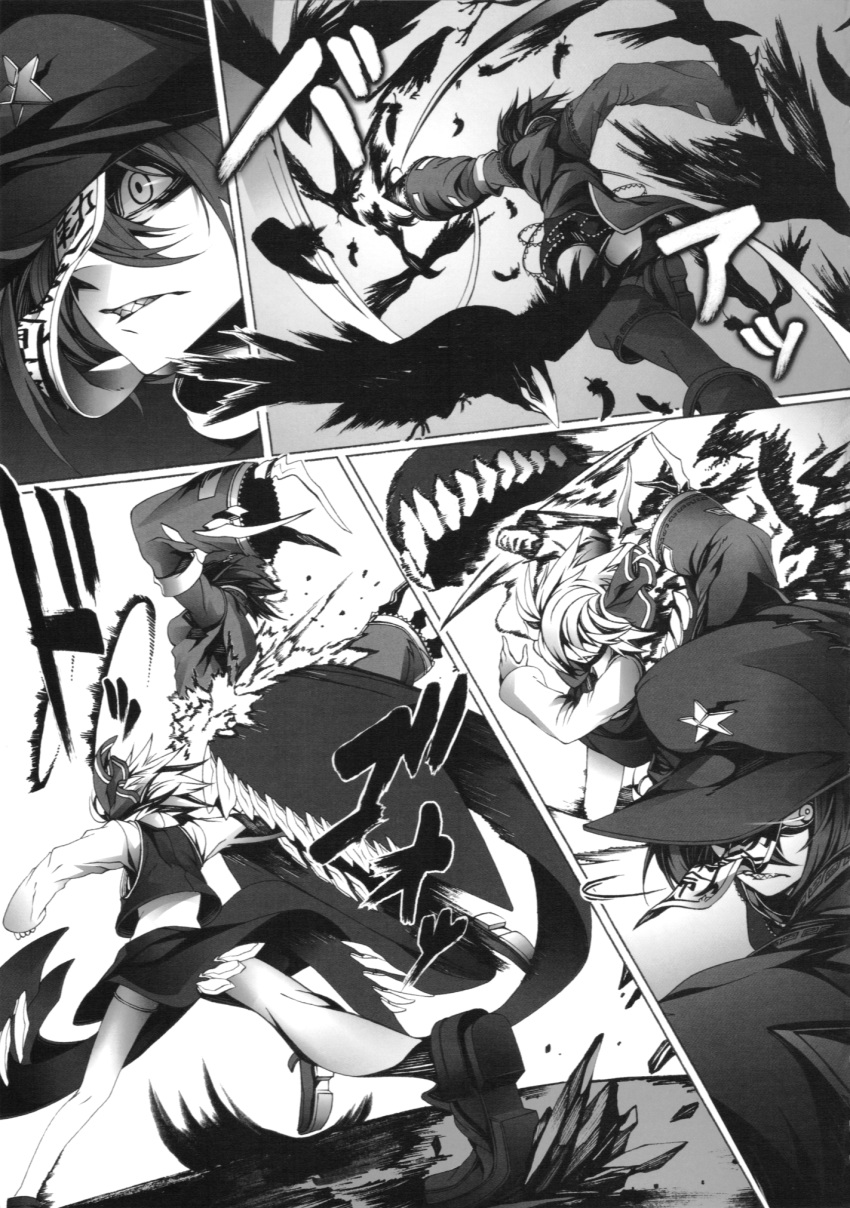 alternate_costume arikanrobo bird cabbie_hat comic doujinshi greyscale hat highres jiangshi miyako_yoshika monochrome motion_blur motion_lines multiple_girls ofuda rumia sharp_teeth star teeth touhou